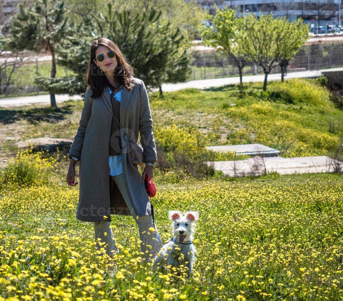 Mujer con perro schnauzer en campo de flores amarillas foto