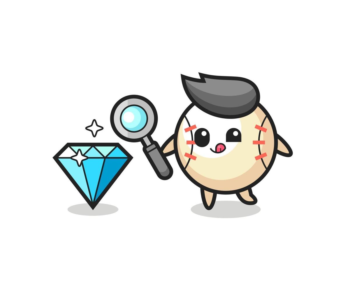 mascota de béisbol está comprobando la autenticidad de un diamante. vector