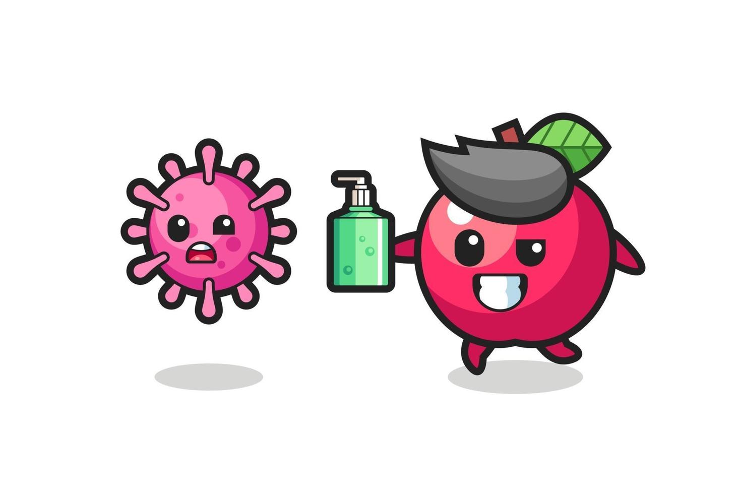 Ilustración del personaje de la manzana persiguiendo el virus maligno con desinfectante de manos vector
