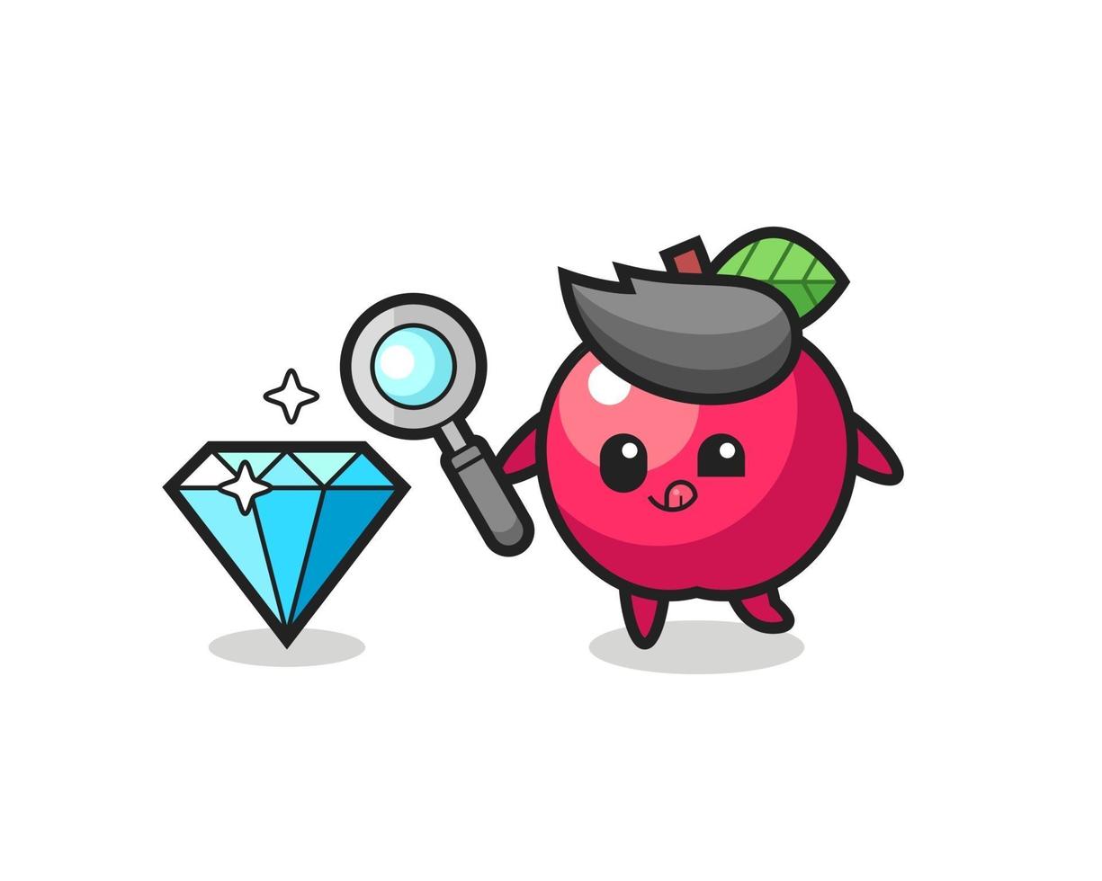 mascota de la manzana está comprobando la autenticidad de un diamante. vector