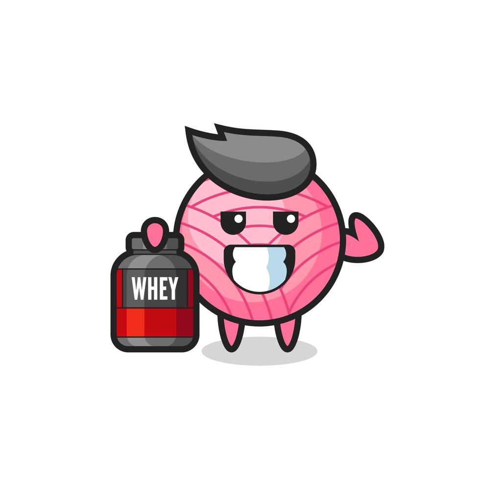 the muscular yarn ball character is holding a protein supplement vector