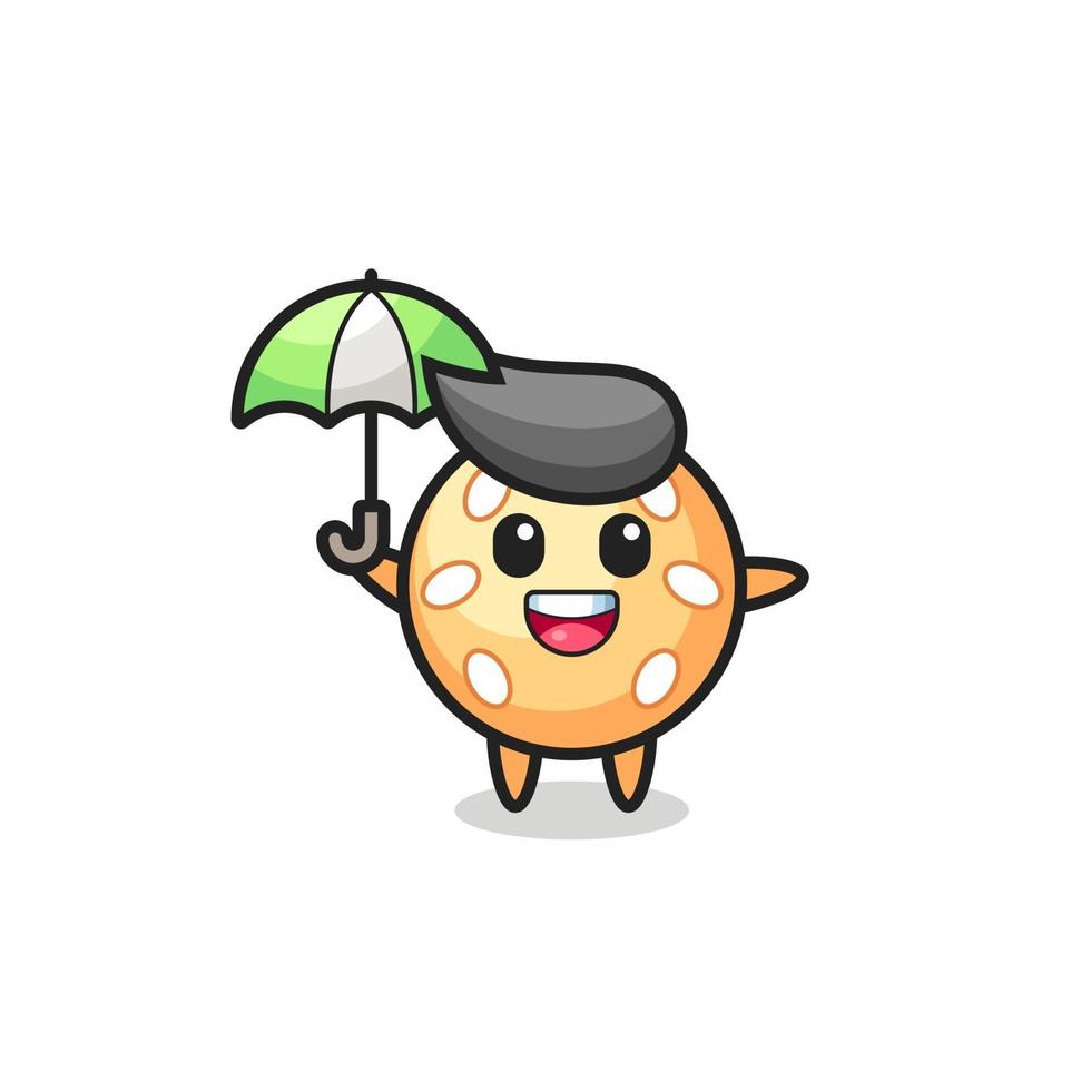 cute sesame ball illustration holding an umbrella vector