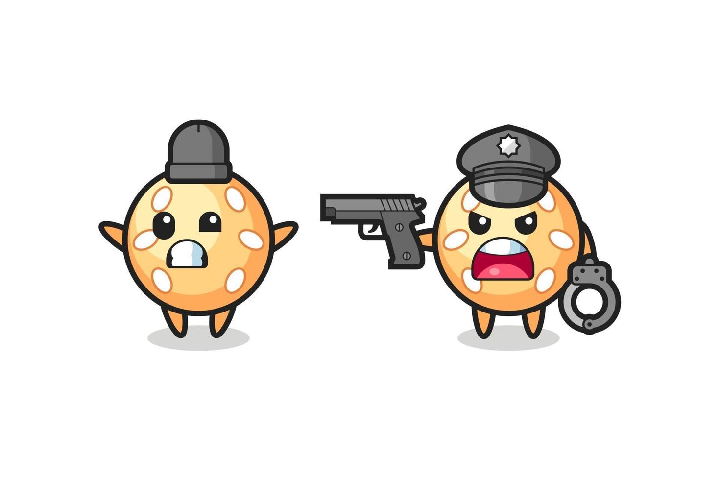 illustration of sesame ball robber with hands up pose caught by police vector