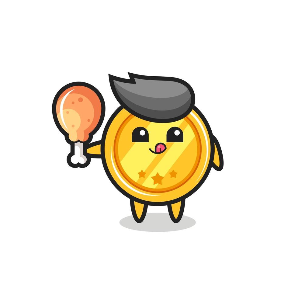 medal cute mascot is eating a fried chicken vector