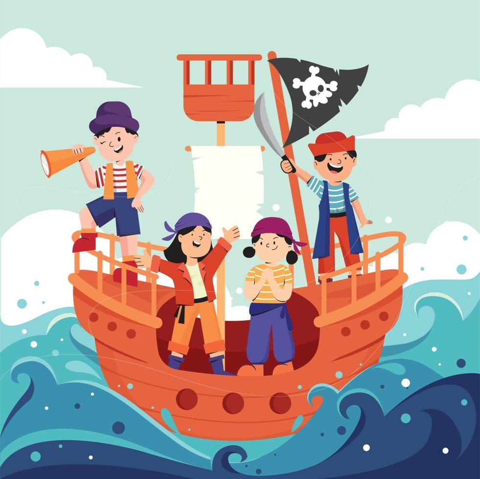 niños piratas en el concepto de mar vector