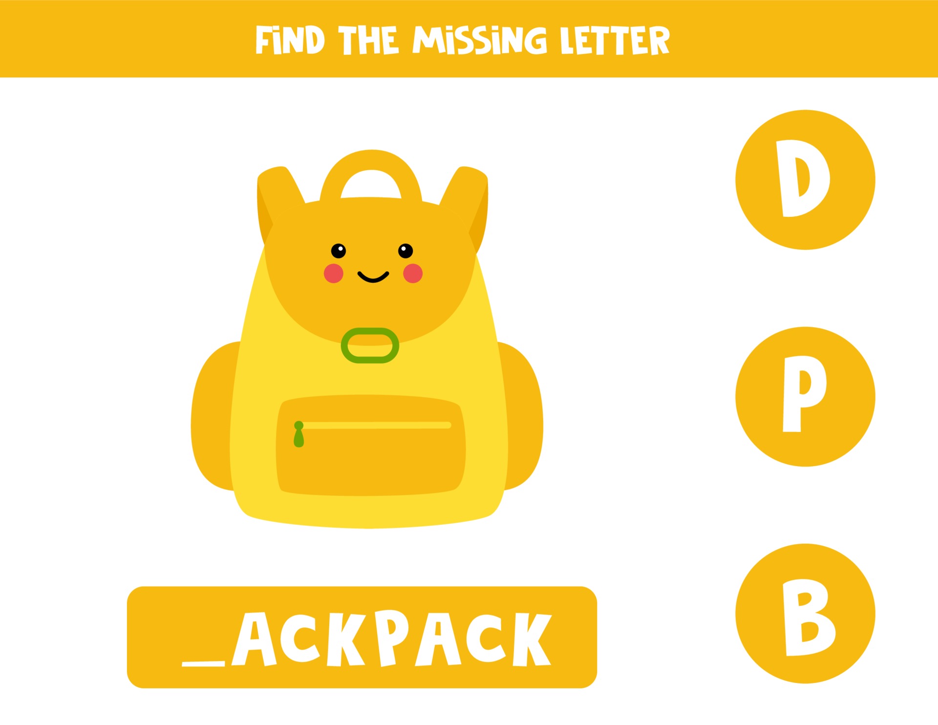 Find missing letter with cute rucksack. Spelling worksheet. 3380117