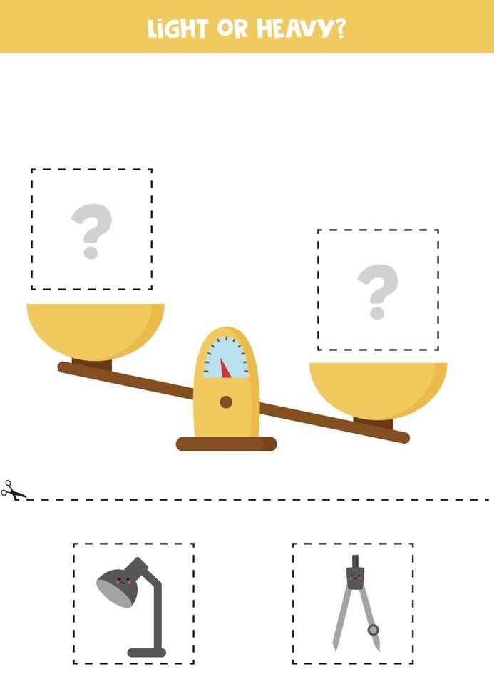 Light, heavy or equal. Cut pictures below and glue to the right box. vector