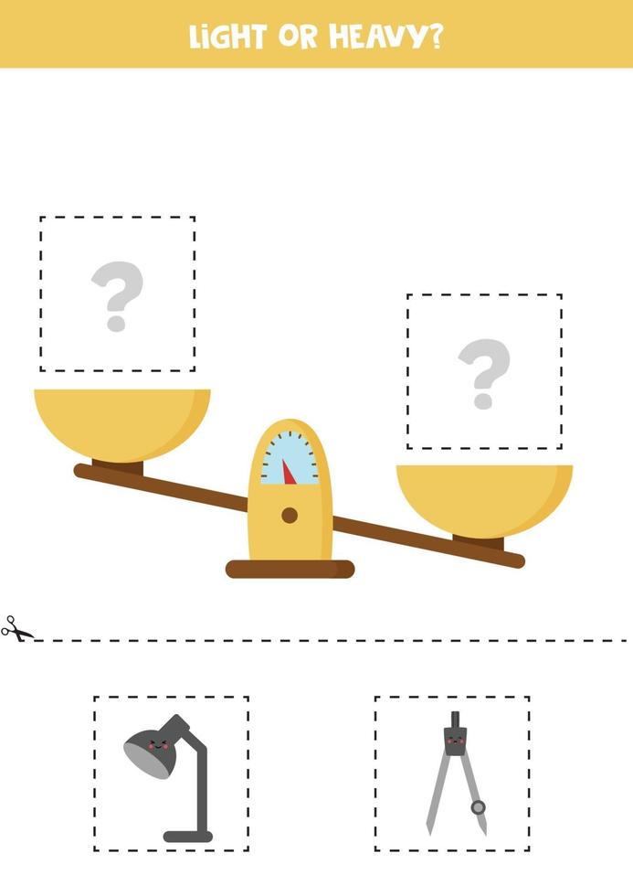 ligero, pesado o igual. corte las imágenes de abajo y péguelas en el cuadro de la derecha. vector