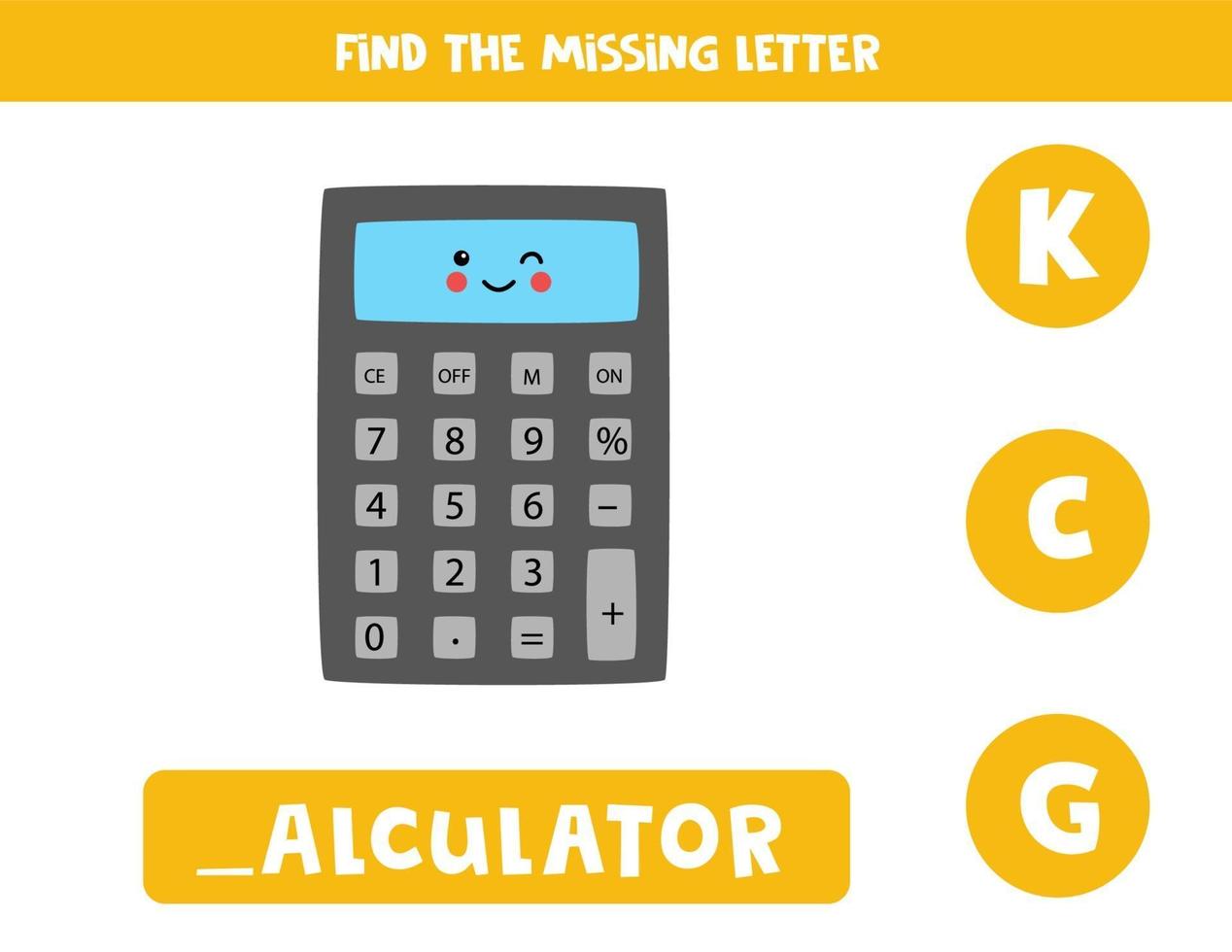 Find missing letter with cute calculator. Spelling worksheet. vector