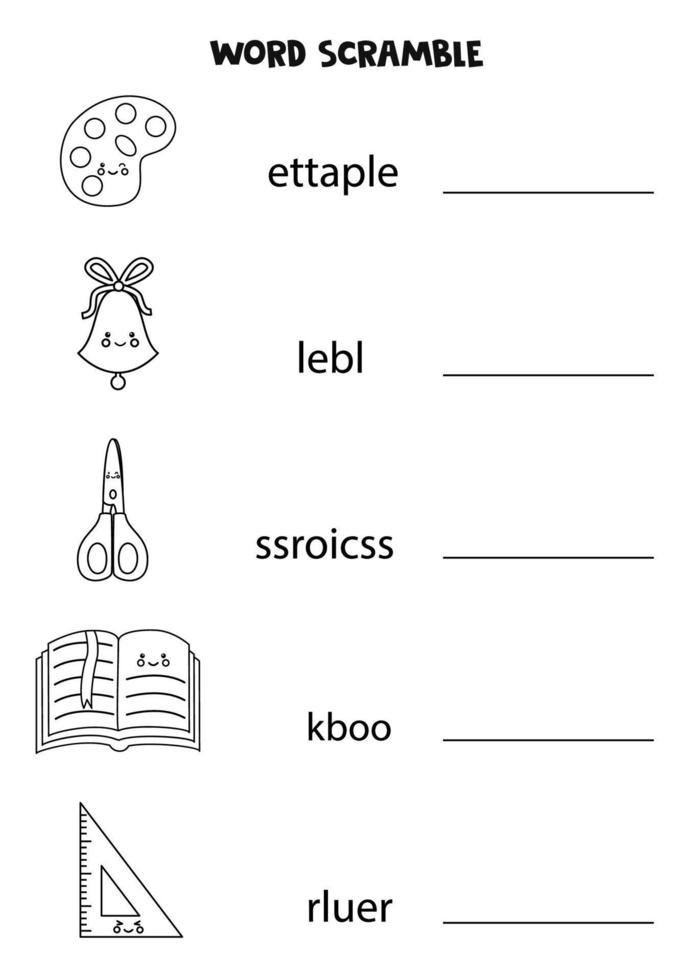 Word scramble for children. Black and white school supplies. vector