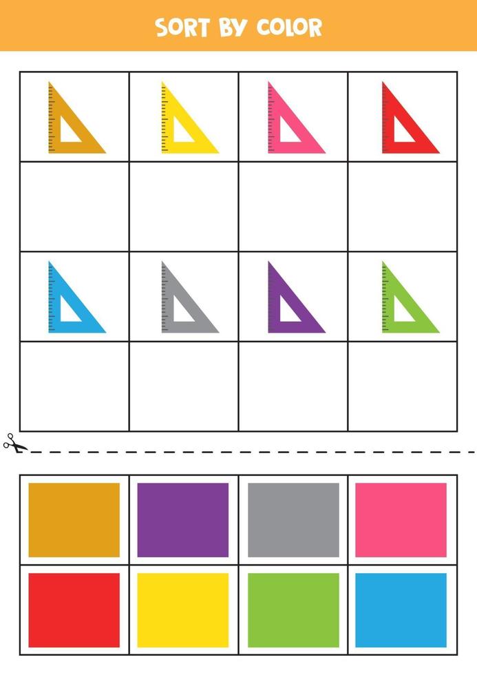 Sort pictures by color. Cartoon rulers. Game for kids. Cut and glue. vector