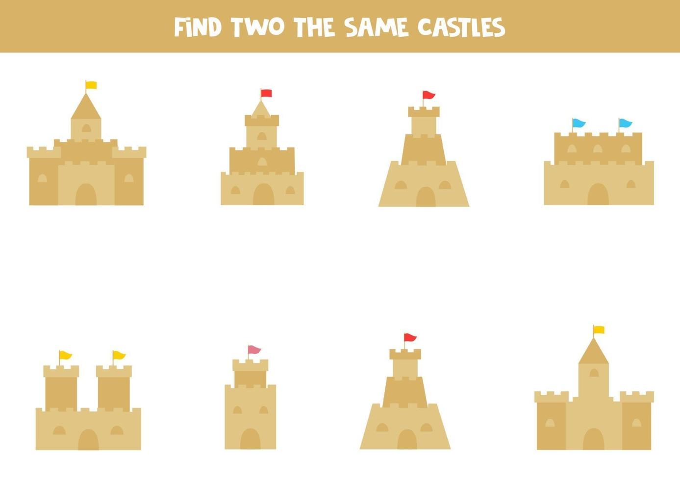 Find two identical sand castles. Educational game vector