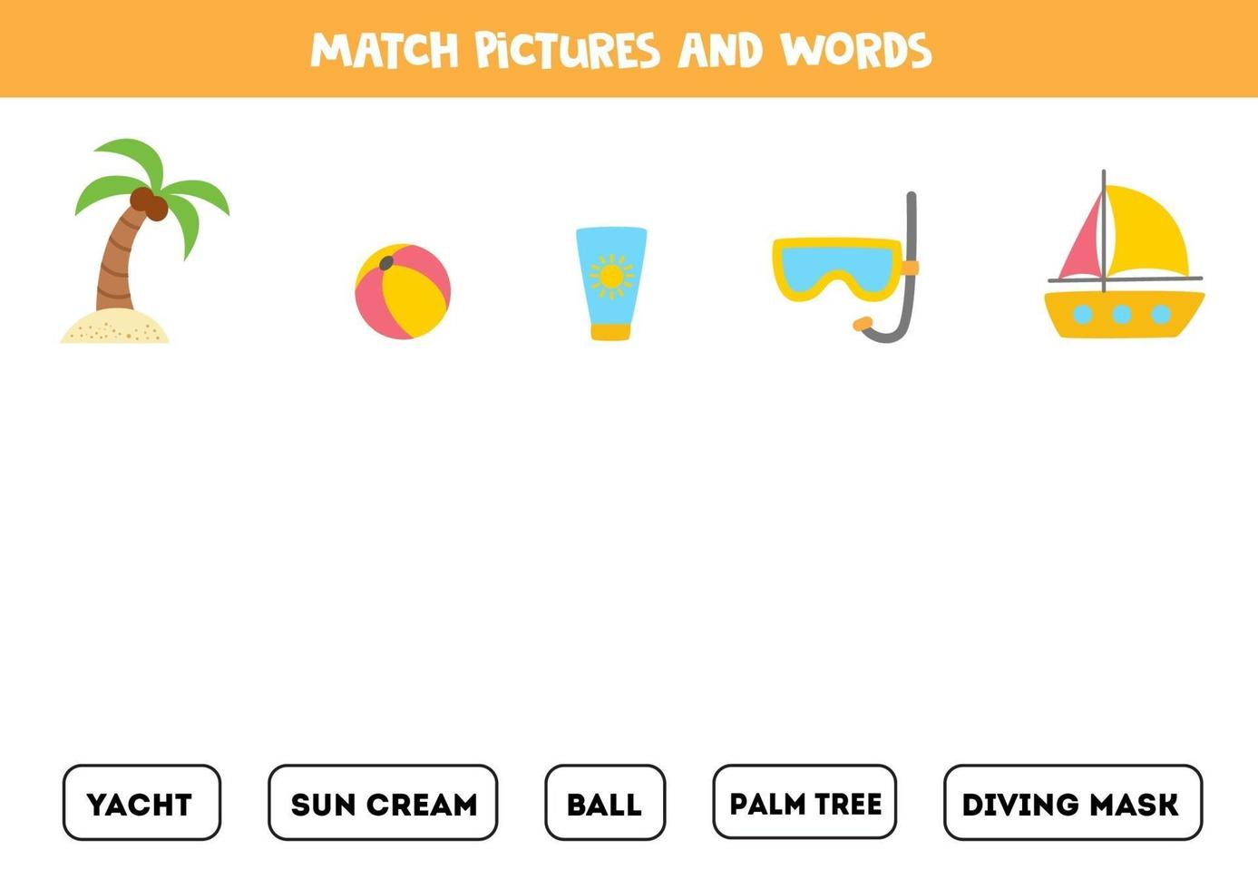 haciendo coincidir las imágenes de verano y las palabras. juego educativo para niños. vector