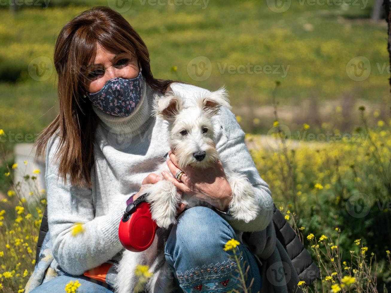 Mujer con perro schnauzer blanco en campo de flores amarillas foto