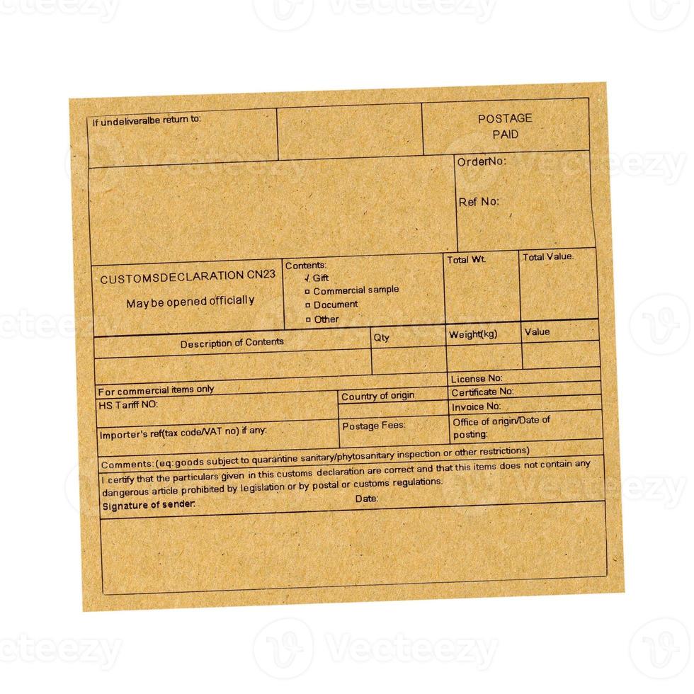 Blank customs declaration label isolated over white photo