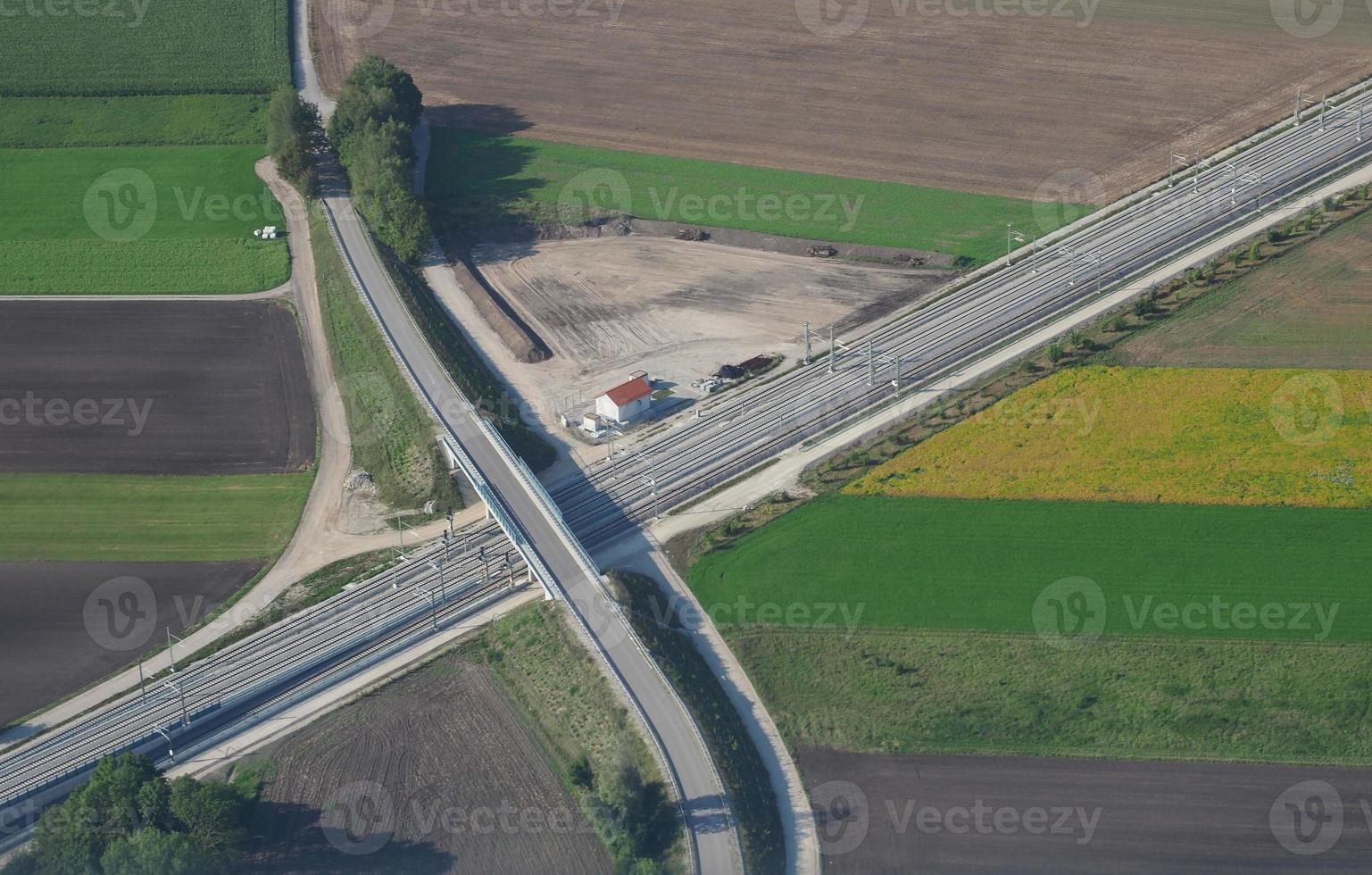 Aerial view of railway railroad line tracks photo