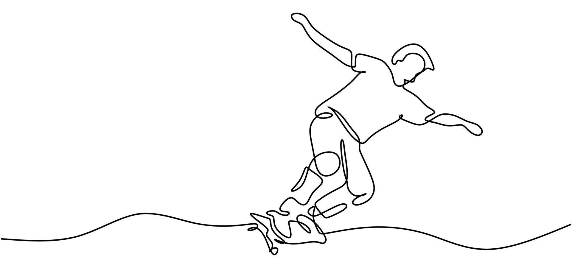 la gente juega patineta dibujo de una línea vector