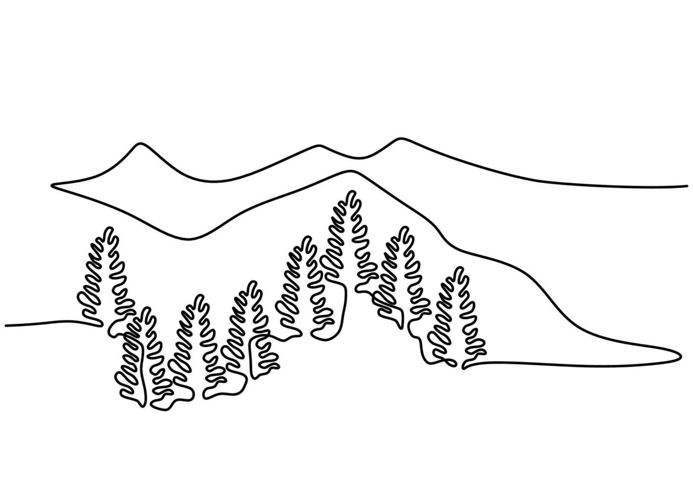 Mountain landscape, Forest theme. drawn in one line vector