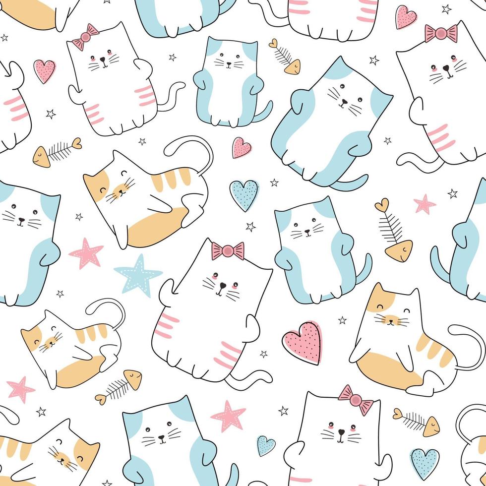 Cute cat seamless pattern with colorful nursery vector