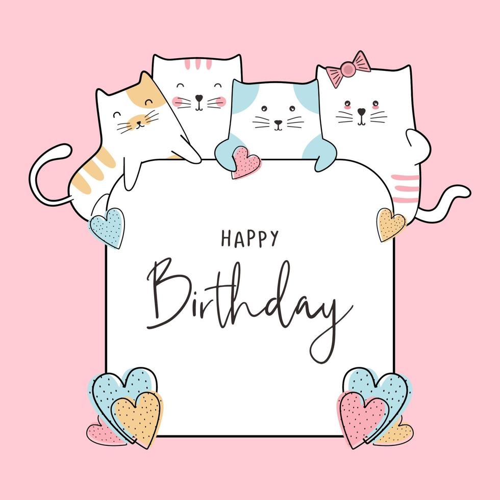 Birthday celebration card design with cute baby cats drawing vector