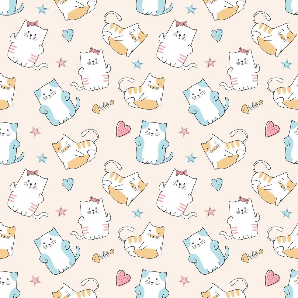 Cute cats seamless pattern cartoon funny character drawing vector