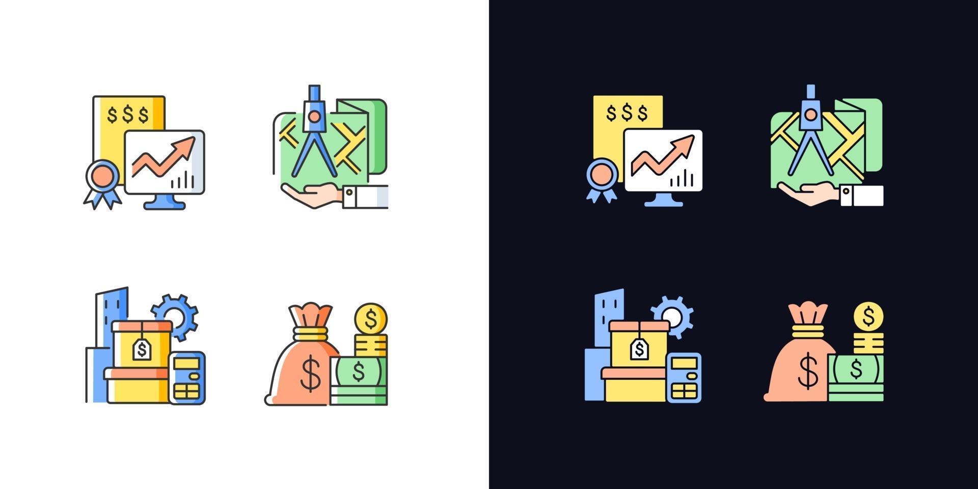 Assets management light and dark theme RGB color icons set vector