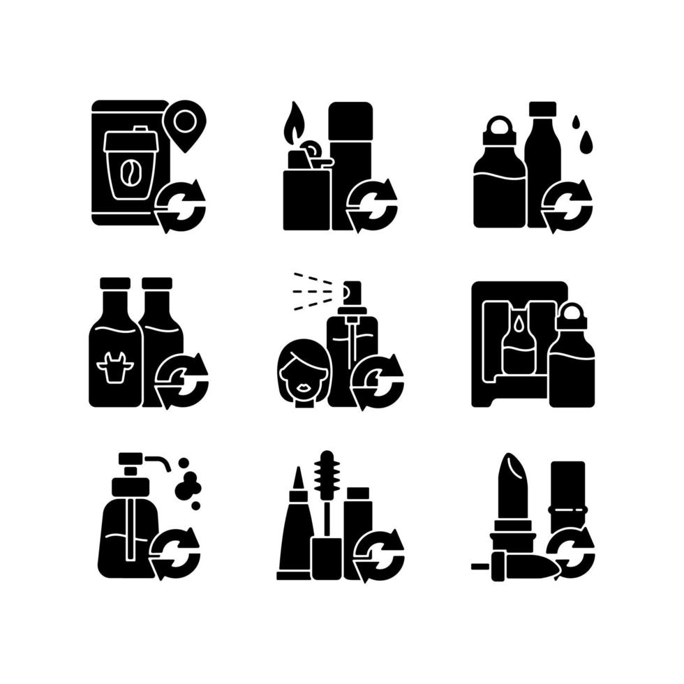 Refillable products black glyph icons set on white space vector