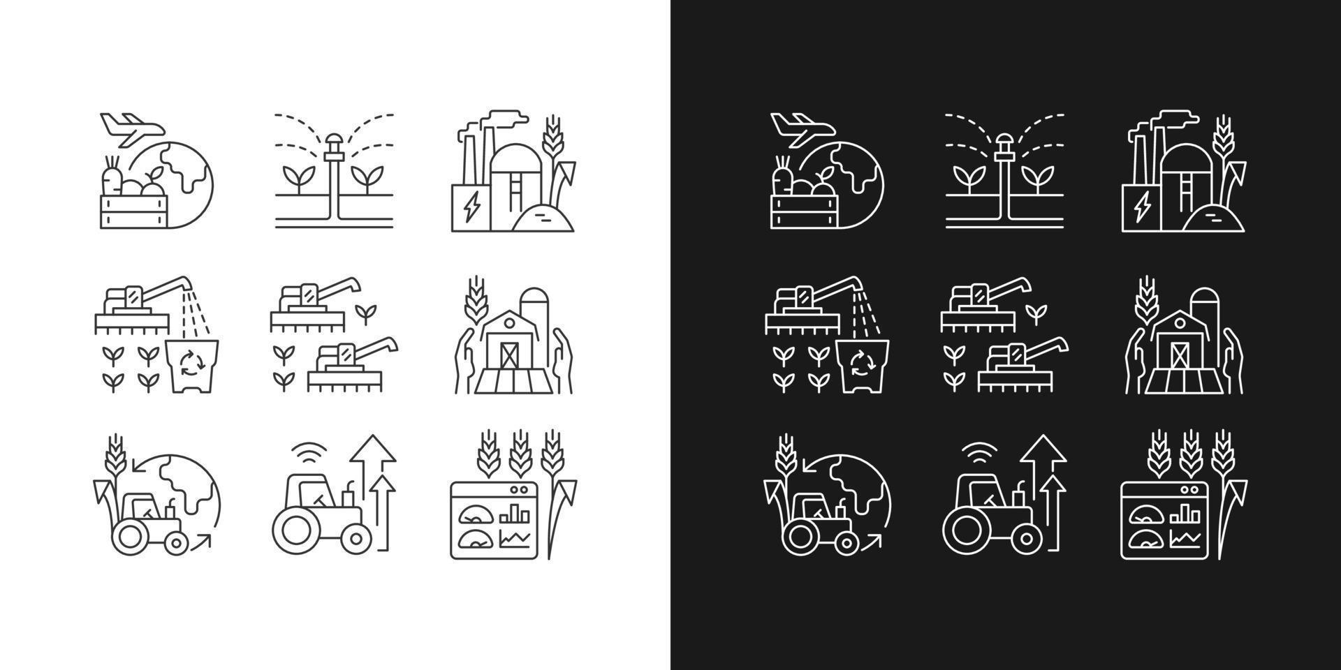Iconos lineales de negocios agrícolas establecidos para modo oscuro y claro vector