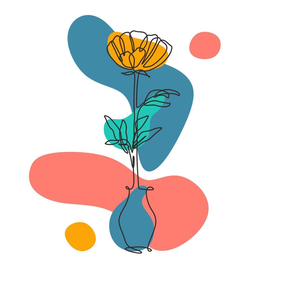 Flor de dibujo de línea continua para póster con salpicaduras de color. vector