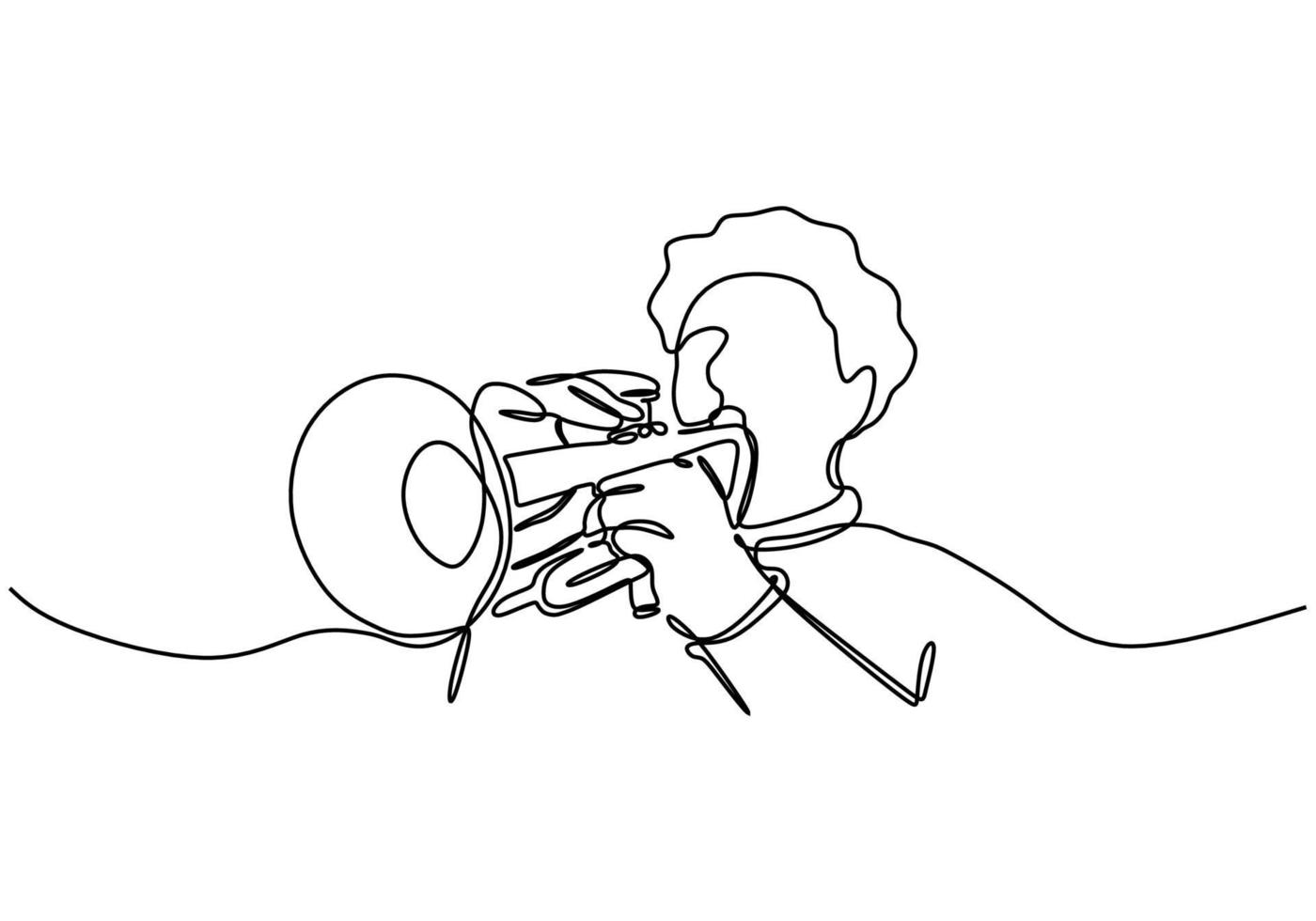 Continuous line drawing of person playing cornet. A brass instrument vector
