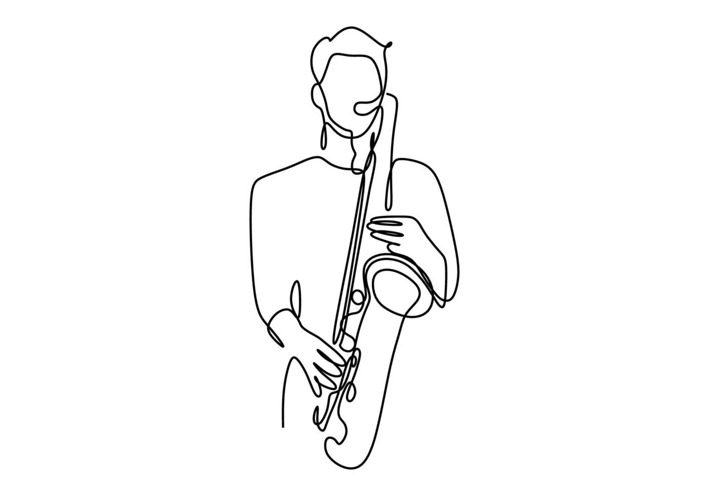 dibujo de una línea de persona con instrumento musical de saxofón. vector