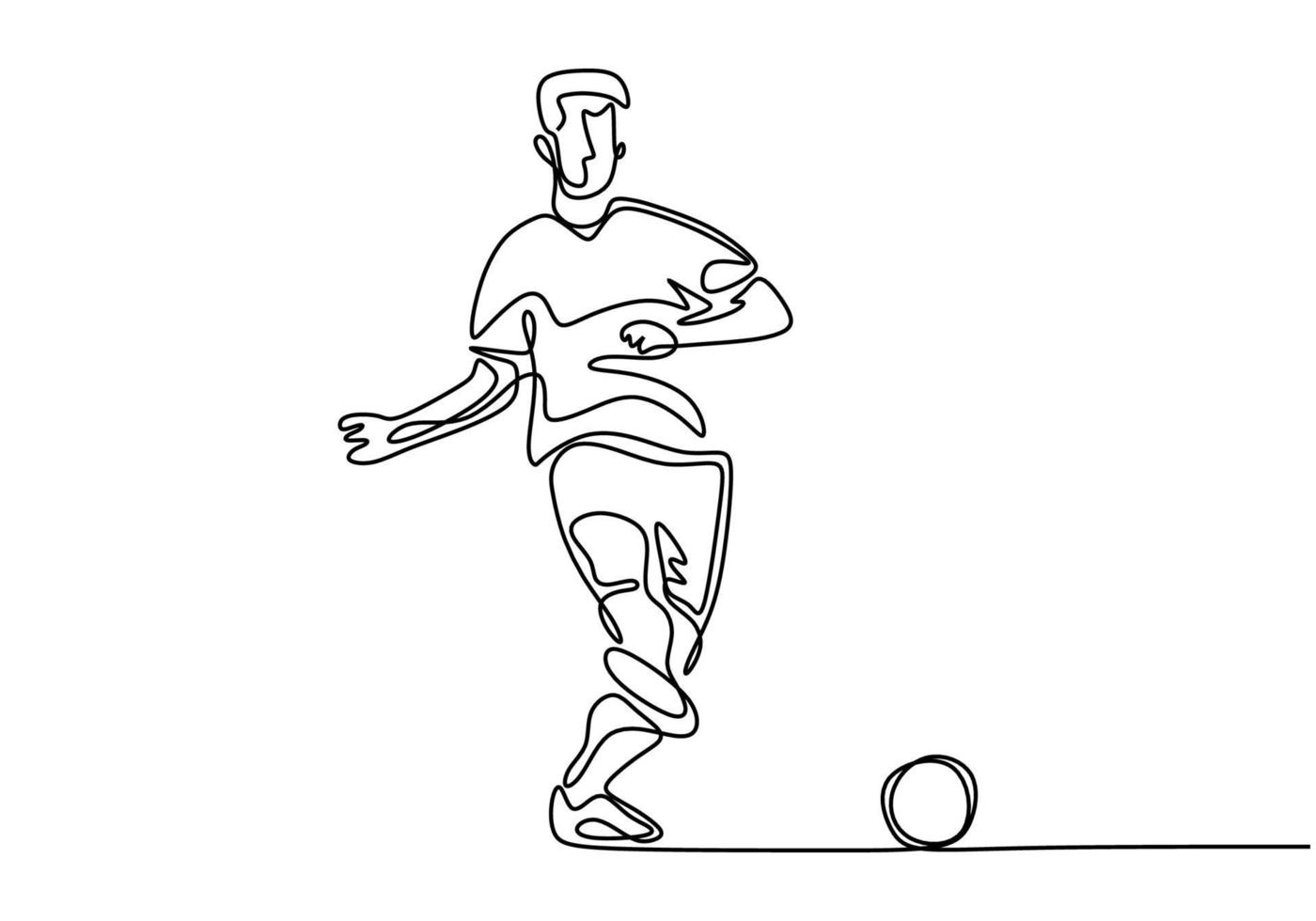 dibujo continuo de una línea de jugador de fútbol patear una pelota vector