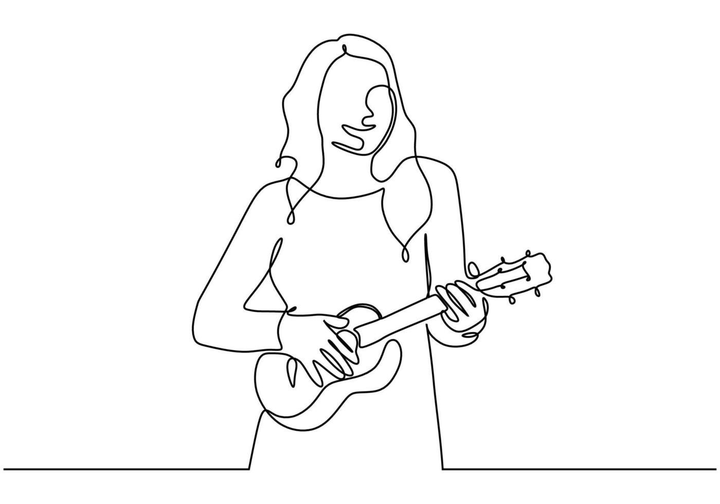 linda chica joven tocando el instrumento musical de cuerda de ukelele lineart. vector