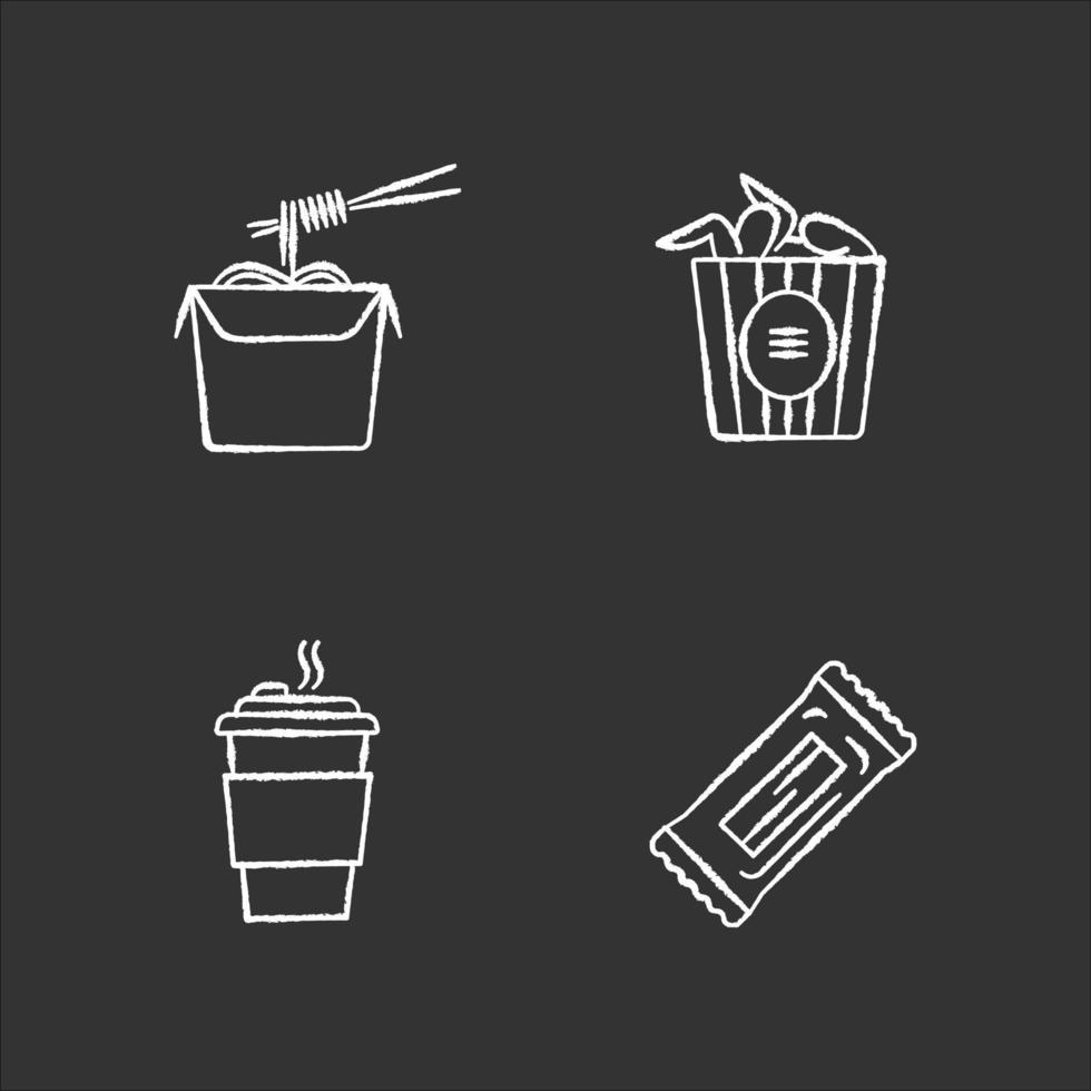 Takeaway food chalk white icons set on black background vector