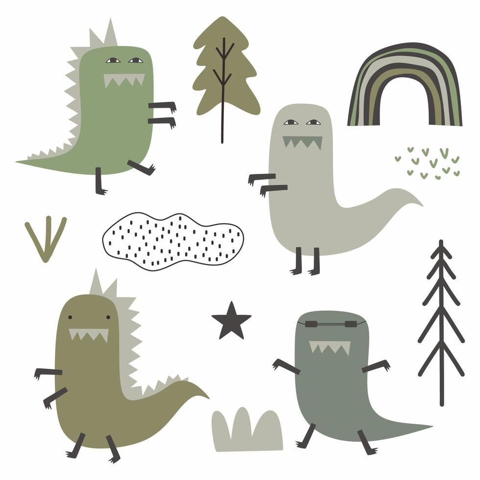 dinosaur scandinavian drawing set design vector