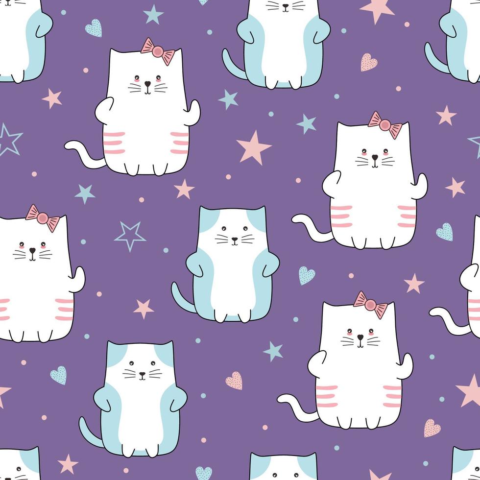 Cute cats character seamless pattern cartoon style. vector