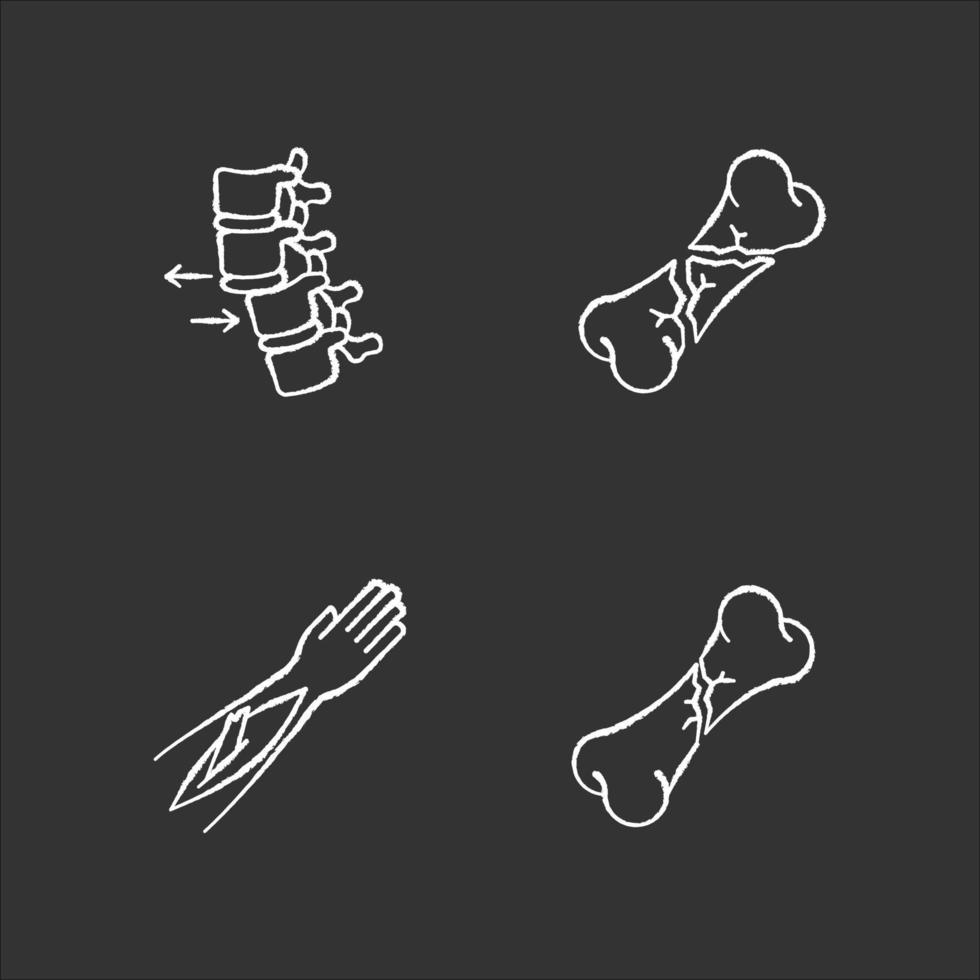 Body part injuries chalk white icons set on black background vector