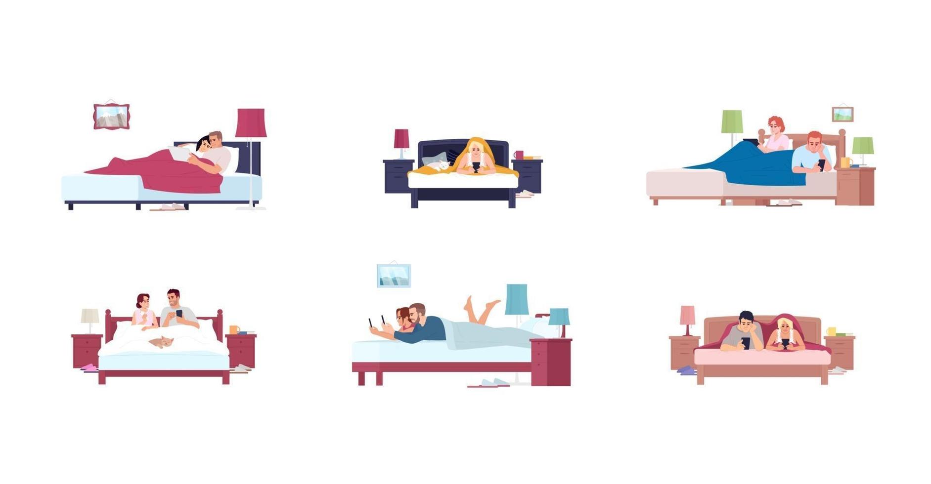 parejas en la cama con teléfonos inteligentes conjunto de ilustraciones planas vector