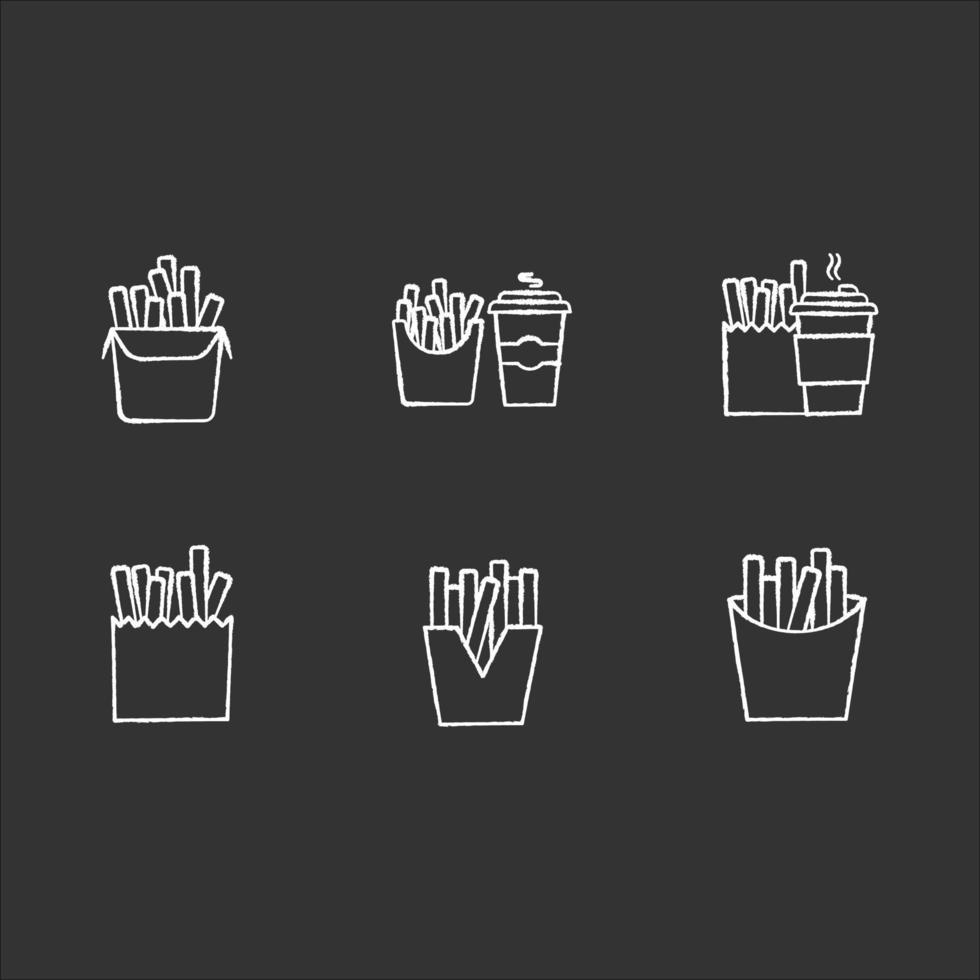 French fries chalk white icons set on black background vector
