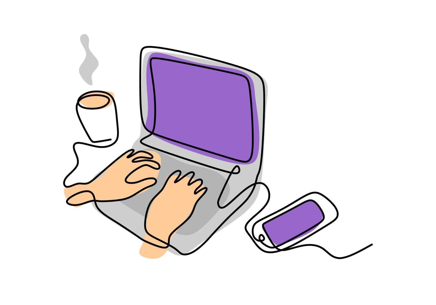 one line drawing of hand typing on laptop with smartphone vector