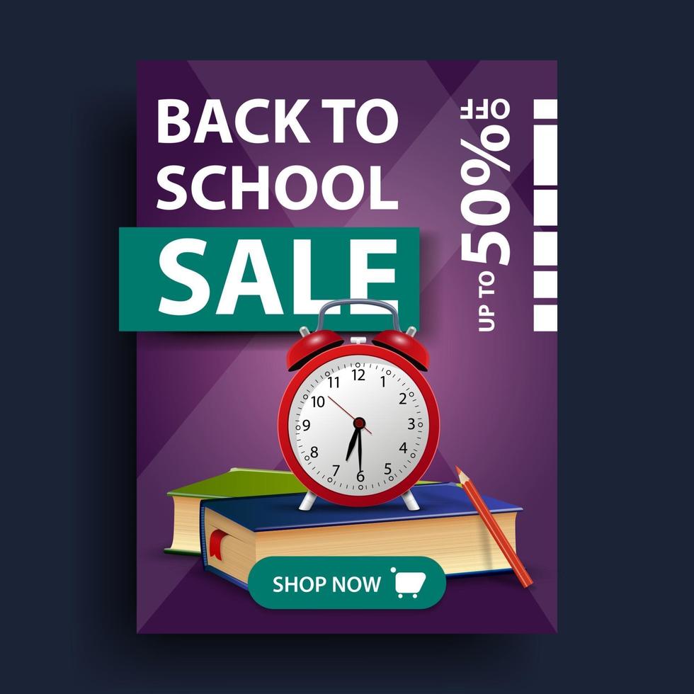 Back to school sale, vertical discount banner with school books vector