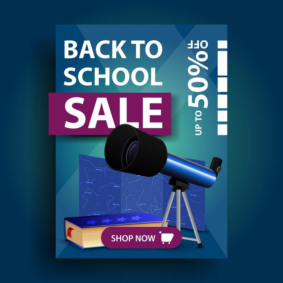 Back to school sale, vertical discount banner with telescope vector