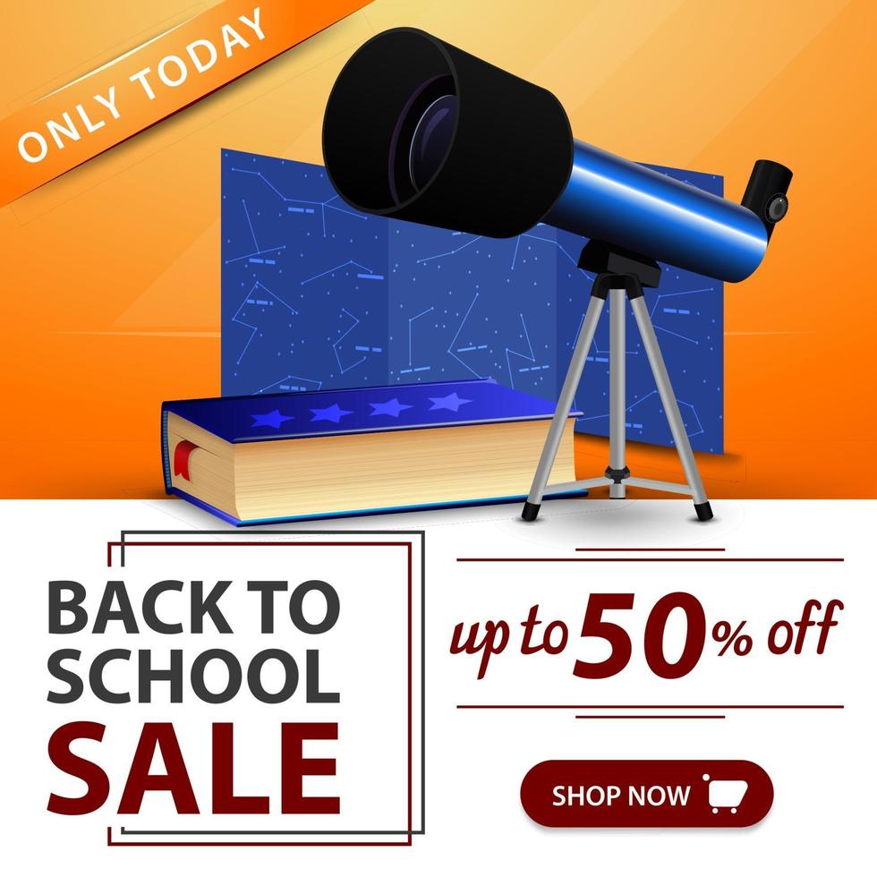 Back to school sale, orange banner with telescope vector