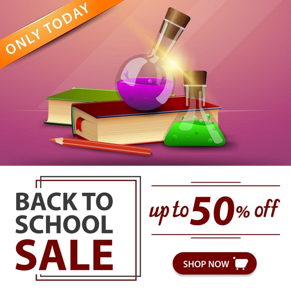 venta de regreso a la escuela, pancarta rosa con libros y frascos químicos vector