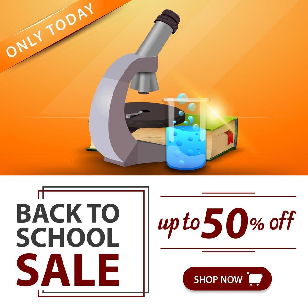 Back to school sale, orange banner with microscope vector