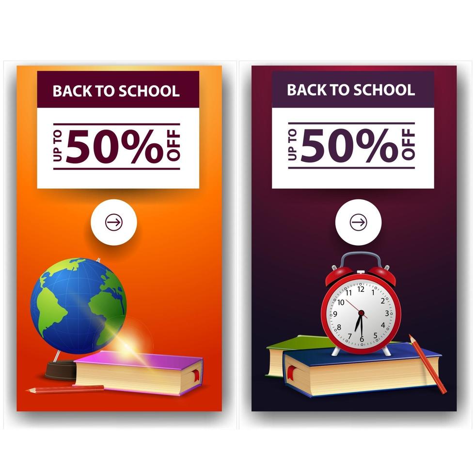 Back to school sale, two discount banners with globe vector