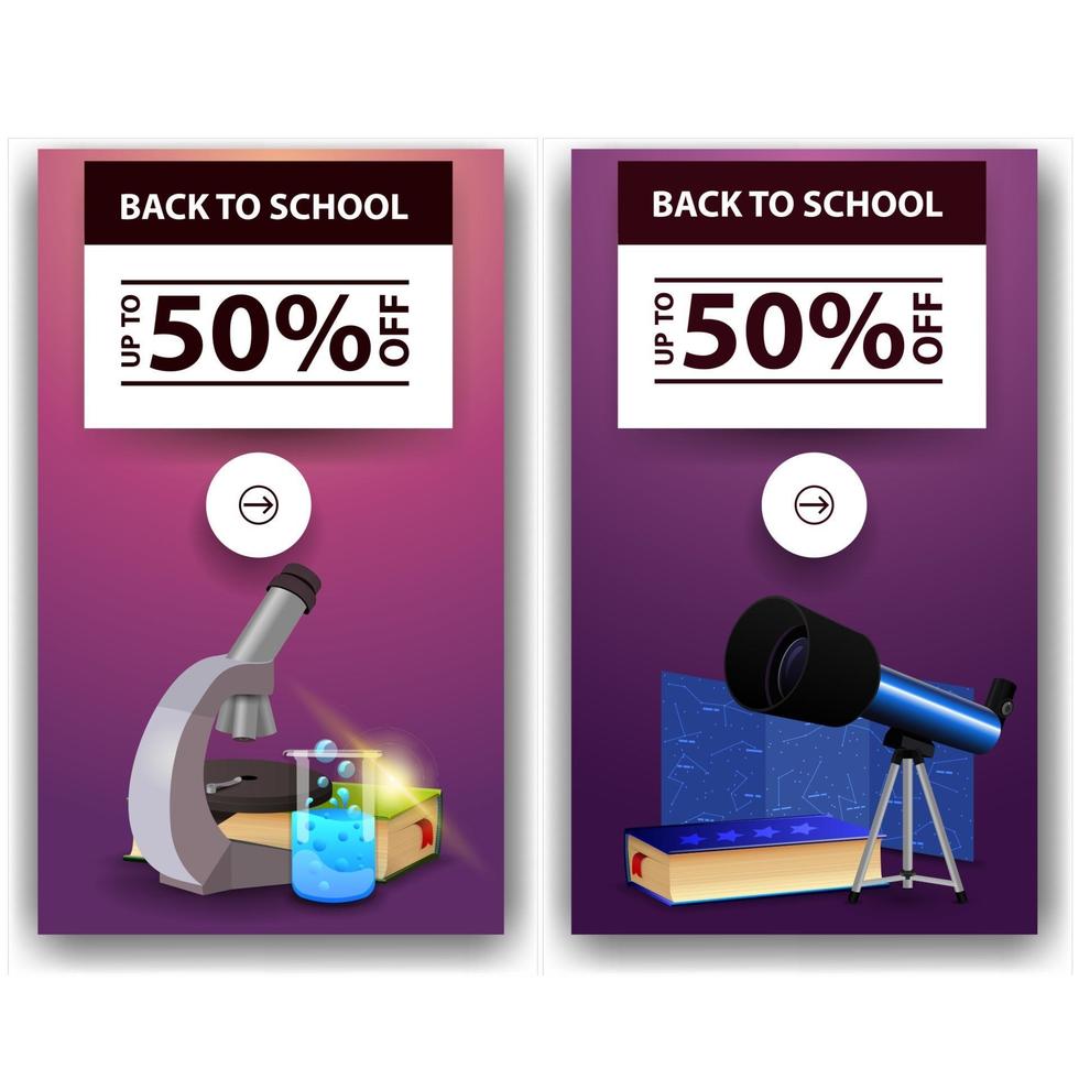 Back to school sale, two discount banners with microscope vector