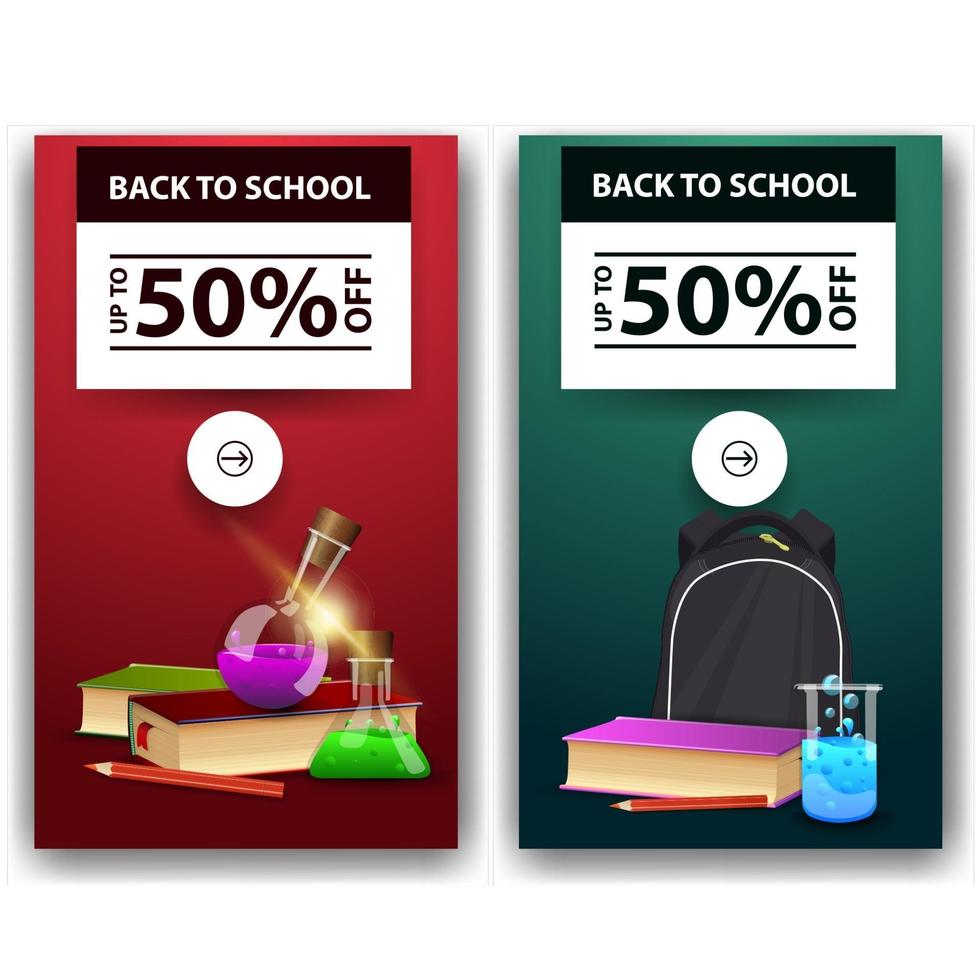 Back to school sale, two discount banners with books, chemical flasks vector