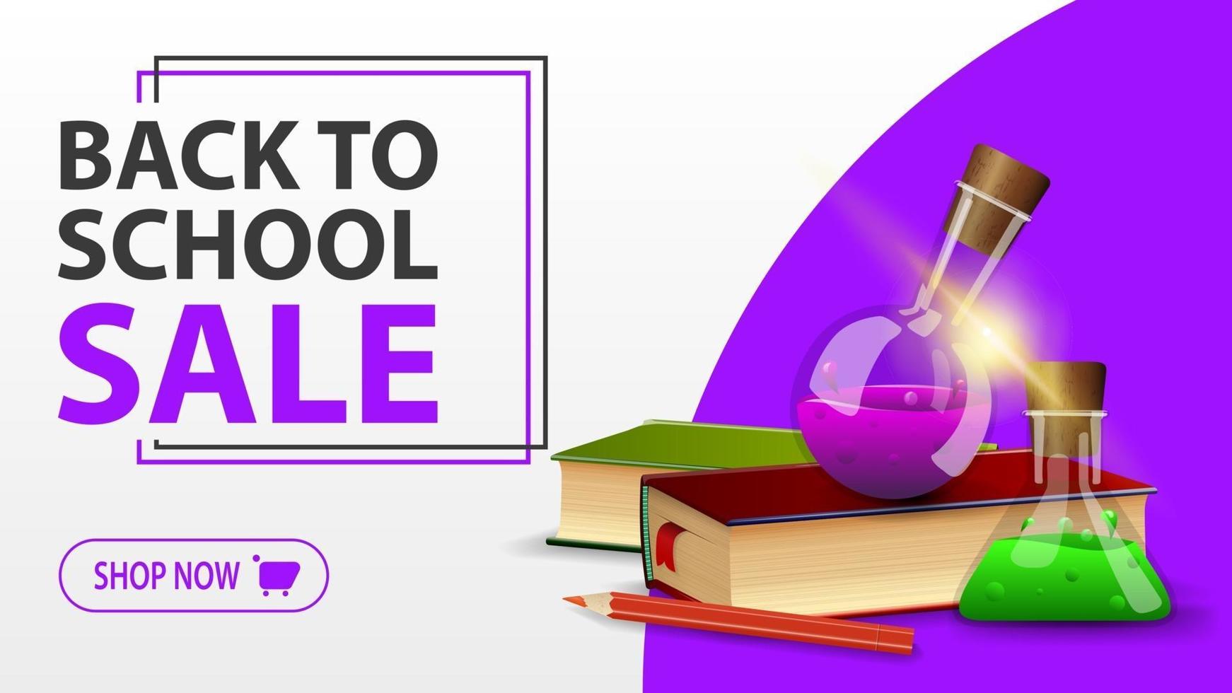 Back to school sale, white banner with books and chemical flasks vector