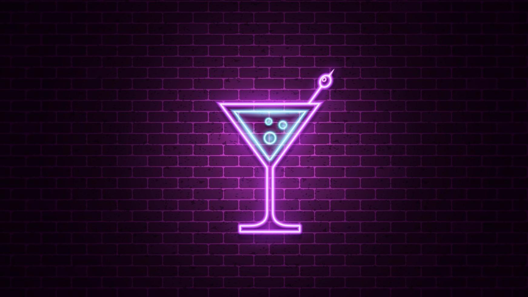 Cocktail neon sign. Glowing neon signboard. Vector Illustration.